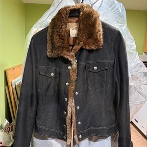 Women’s Faux Fur-Trim Dark Denim Jacket